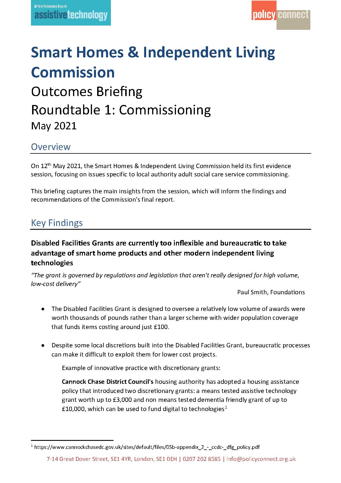 Outcomes Briefing Roundtable 1 - Commissioning - Smart Homes and Independent Living Commission