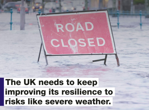 HM Government: The UK needs to keep improving its resilience to risks like severe weather. Image: flooded road and road closed sign,