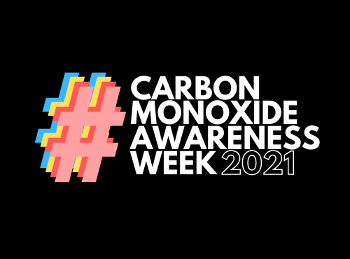 Multi-coloured hashtag and text: "Carbon Monoxide Awareness Week 2021"