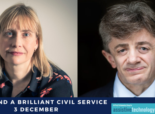 headshot of sarah healey, civil service disability champion, and lord shinkwin, co-chair of the APPG for assistive technology