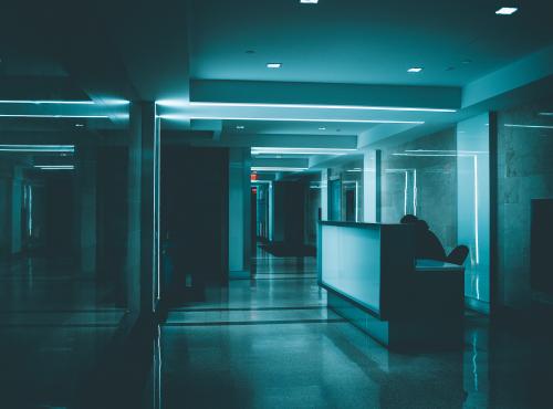 Hospital corridor with lights off