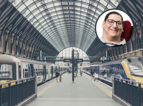 Accessible train platform at King's Cross Station. Clive Gilbert's headshot in top right corner.