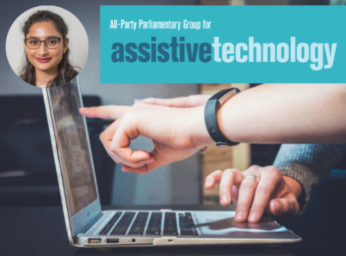 Laptop image with report author and logo for the APPG for Assistive Technology