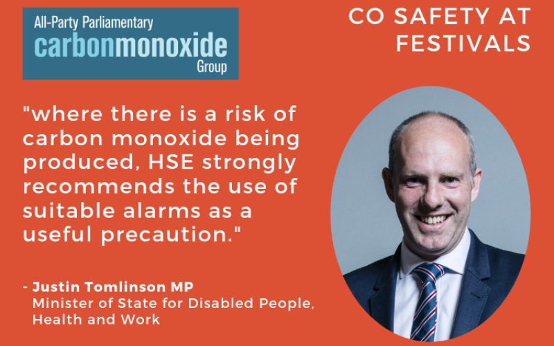 A photograph of Justin Tomlinson MP next to a quote: "where there is a risk of CO being produced, HSE strongly recommends the use of suitable alarms as a useful precaution."