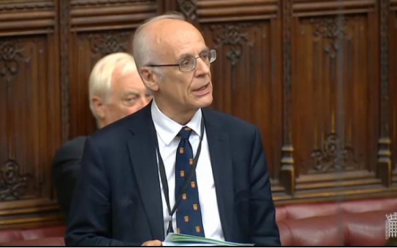Lord Norton, wearing a dark blue suit with a white shirt and blue tie, stands among the red benches of the House of Lords as he delivers a speech.
