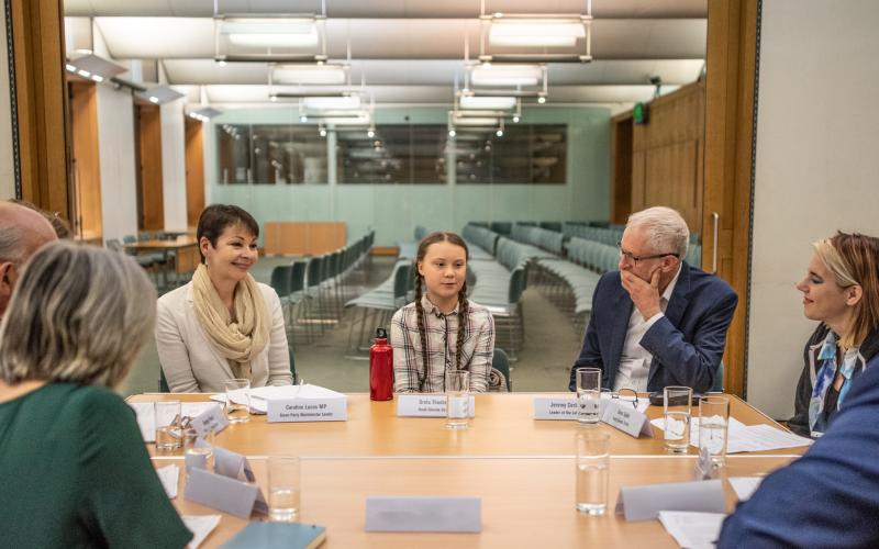 Greta Thunberg with Jeremy Corbyn and Caroline Lucas