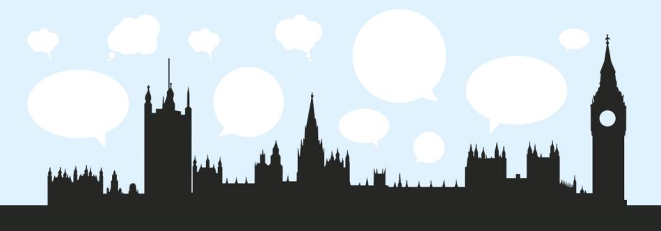 Houses of Parliament silhouette with speech bubbles
