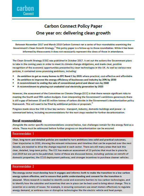 First Page of the 'One year on: delivering clean growth