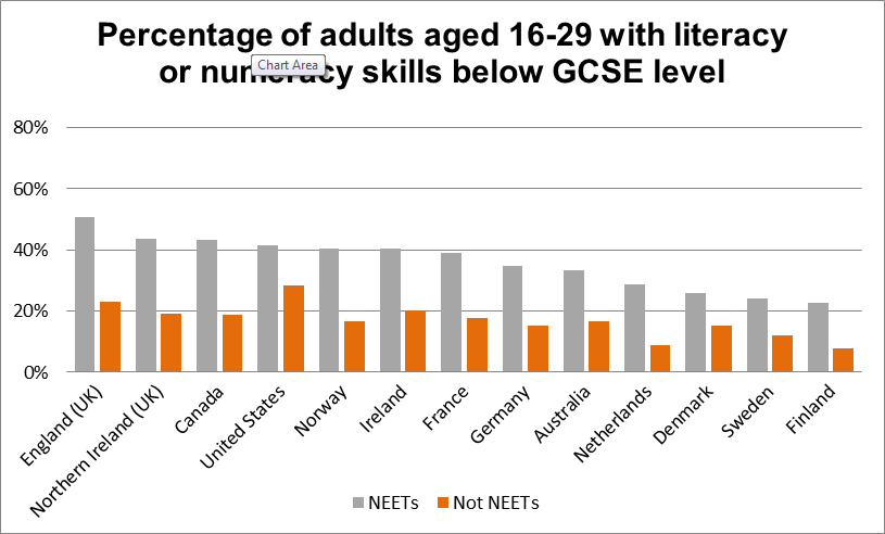 Percentage of adults aged 16-29 with literacy or numeracy skills below GCSE level Percentage of adults aged 16-29 with literacy or numeracy skills below GCSE level